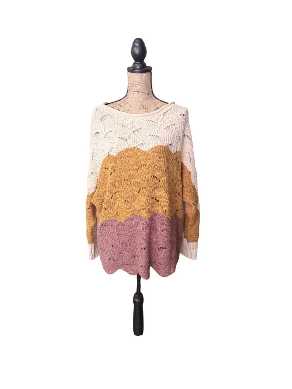 Womens Colorblock Open-Knit Pullover Sweater in Cream, Mustard & Dusty Rose